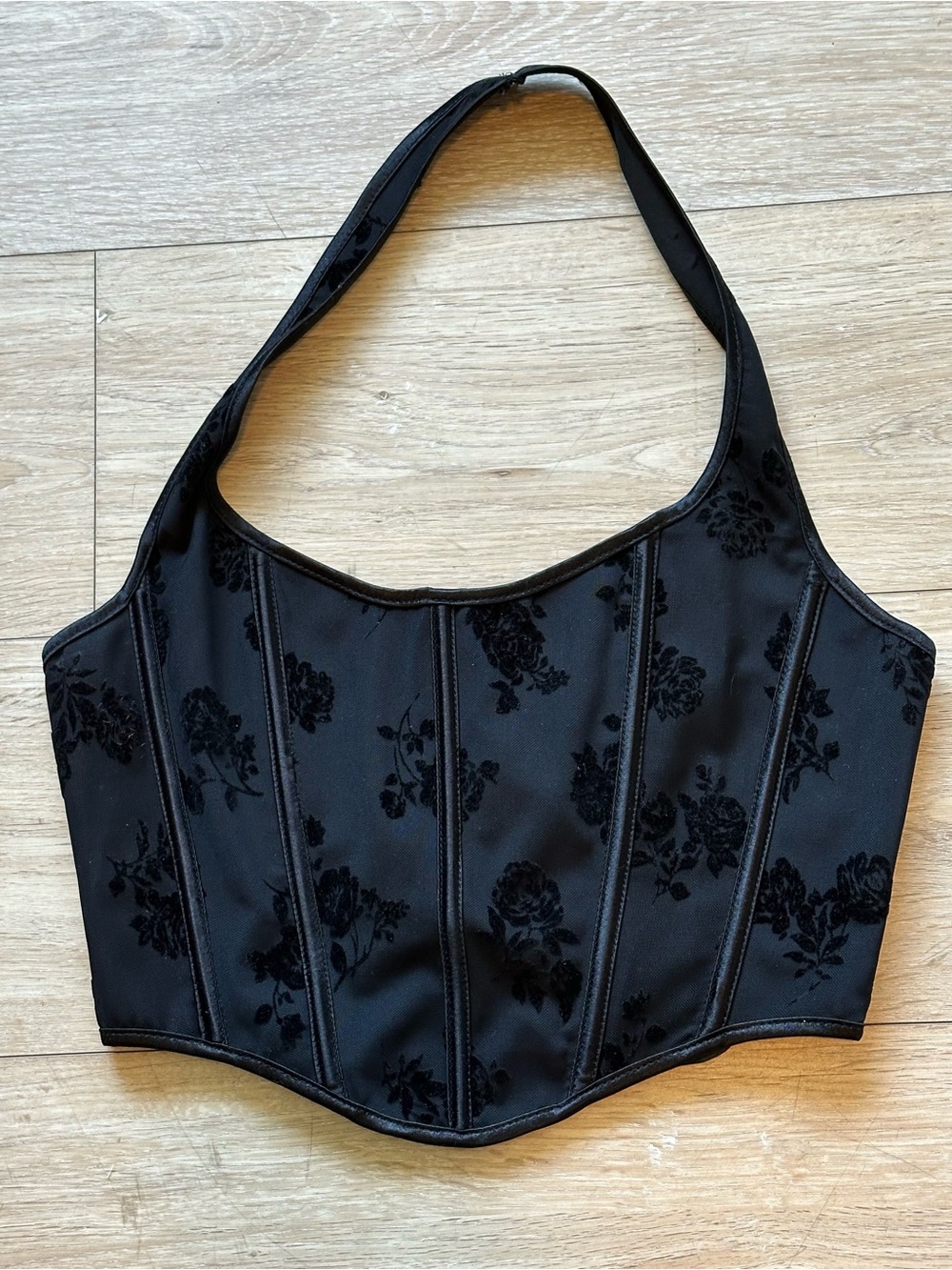 Black Corset with Velvet Flowers Halter Crop Top | Dark Romantic Goth